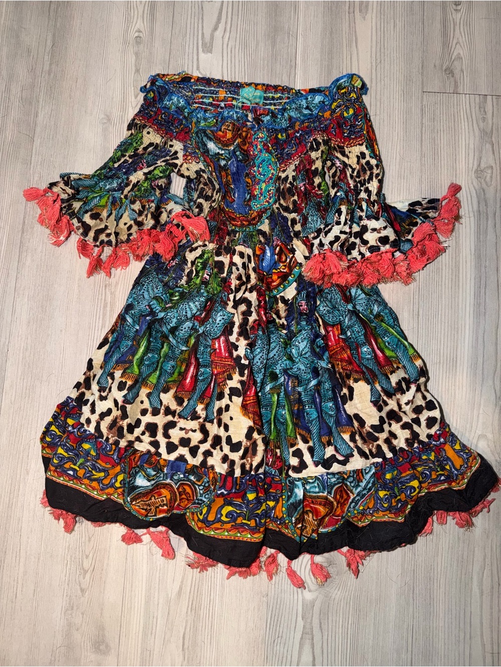 Antica Santoria One Size Girls Multicolor Boho Smocked Dress with Coral Tassels